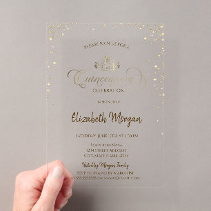 Royal Gold Tiara,Diamonds Green Quinceañera Acrylic Invitations