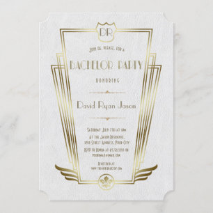 Royal Gold White Art Deco Monogram Bachelor Party Invitation