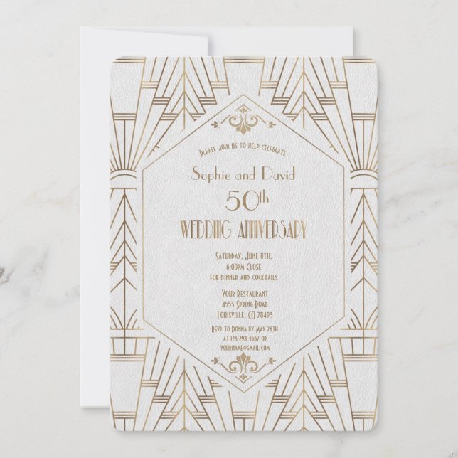 Royal Gold White Great Gatsby Wedding Anniversary Invitation (Front)