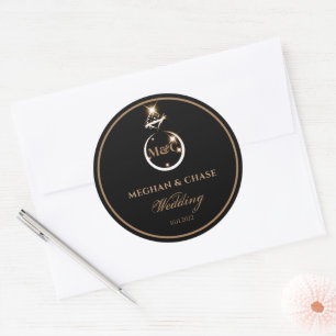 Royal Golden Diamond Ring Monogram Black Wedding Classic Round Sticker