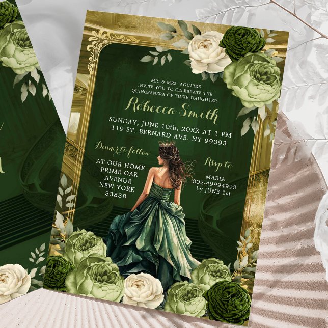 Royal Grand Palace Sage & Hunter Green Mis Quince Invitation (Creator Uploaded)