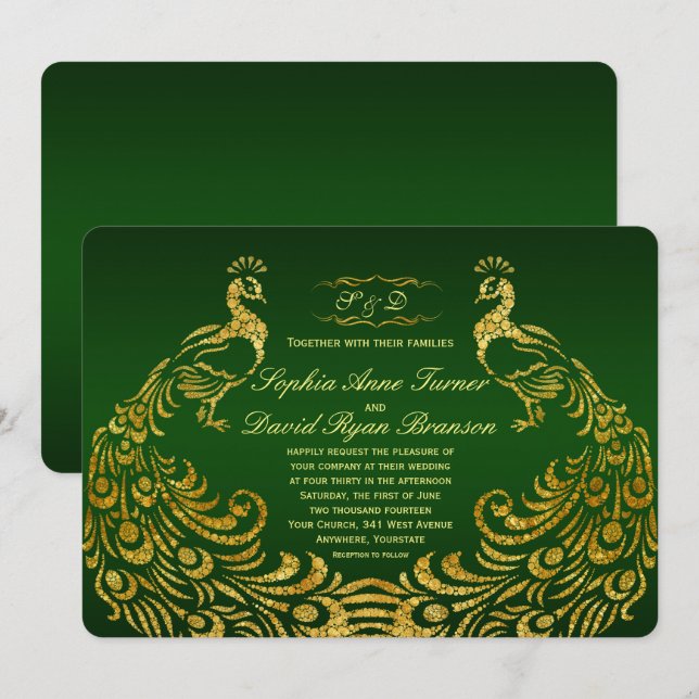 Royal Green Gold Peacock Wedding Invitation (Front/Back)