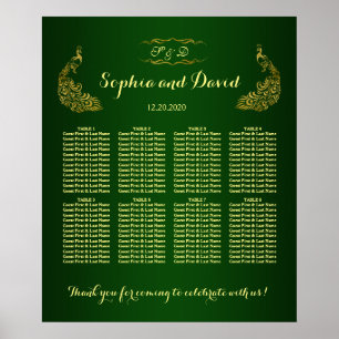 Royal Green Gold Peacock Wedding Seating Chart