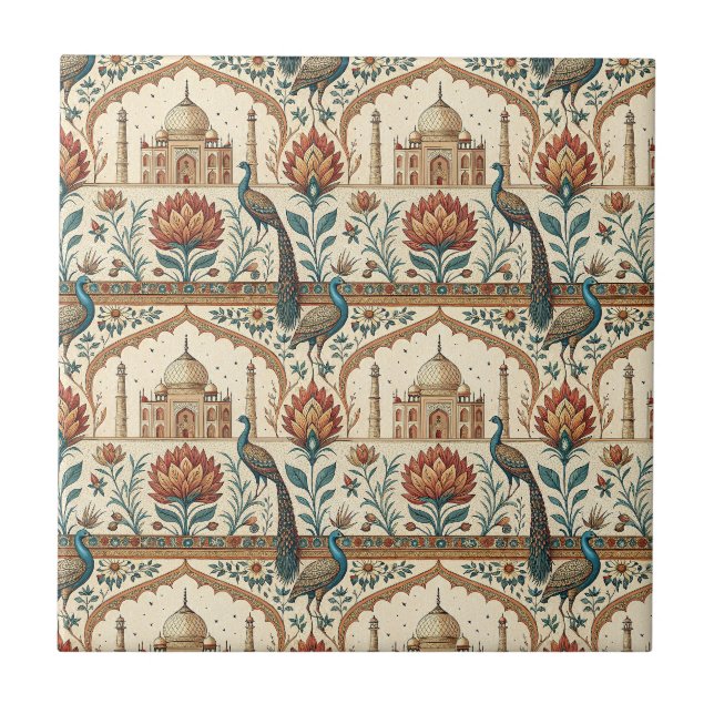 Royal Indian Palace Peacock Floral Pattern Artwork Tile (Front)