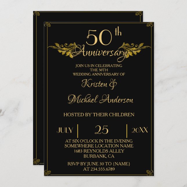 Royal Luxury Classic black gold 50th Anniversary Invitation (Front/Back)