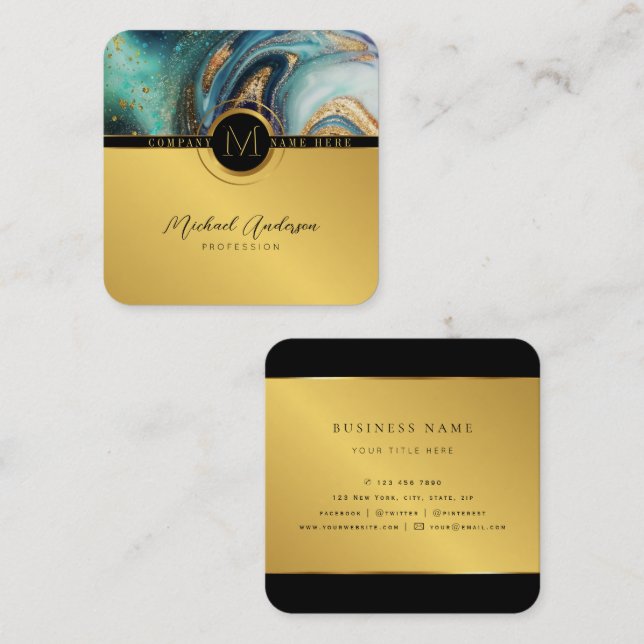 Royal Luxury Gold Round Abstract & Agate Monogram  Square Business Card (Front/Back)