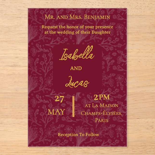 Royal Maroon ACRYLIC Customizable Invitation (Front)