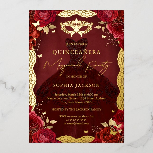 Royal Masquerade Party Red Gold Gown Quinceanera (Front)
