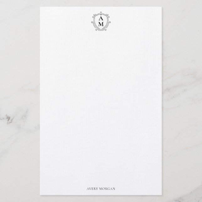 Royal Monogram Crest Classic Black Personalized Stationery (Front)