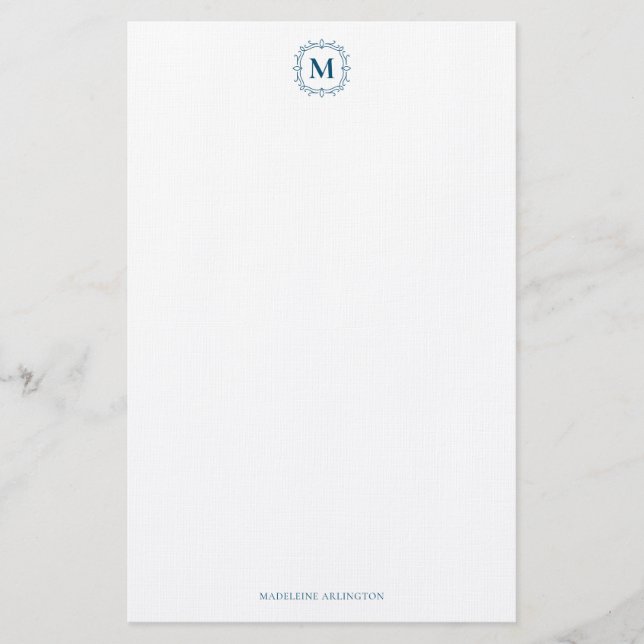 Royal Monogram Crest Navy Blue Personalized Stationery (Front)