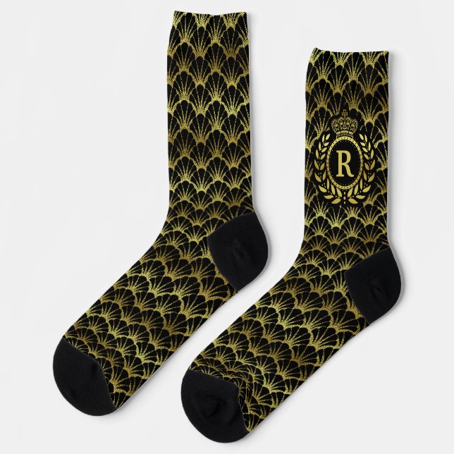 Royal Monogram Gold Laurel Crown Deco Shell Socks (Left)
