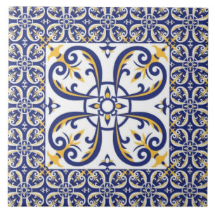 Royal Mosaic Blue and Gold Ornamental Floral Tile