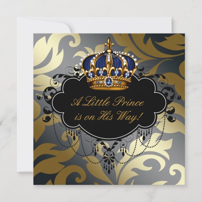 Royal Navy Blue Black Gold Prince Baby Boy Shower Invitation (Front)