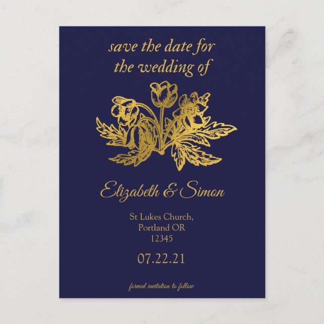 royal navy blue elegant gold save the date announcement postcard (Front)