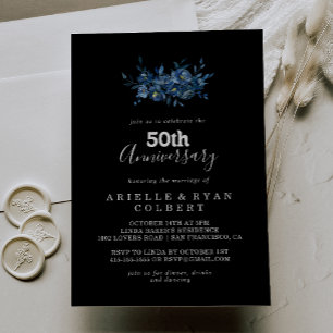 Royal Navy Blue Floral 50th Wedding Anniversary Invitation