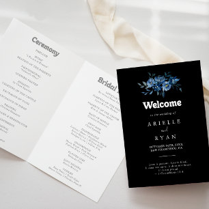 Royal Navy Blue Floral Folded Wedding Program