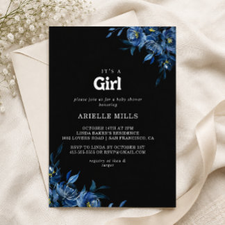 Royal Navy Blue Floral It's A Girl Baby Shower Invitation
