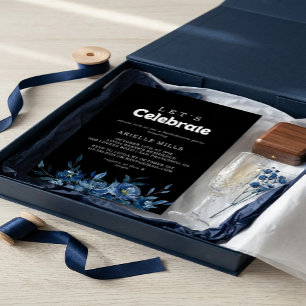 Royal Navy Blue Floral Let's Celebrate Party Invitation
