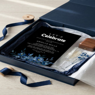 Royal Navy Blue Floral Let's Celebrate Party Invitation