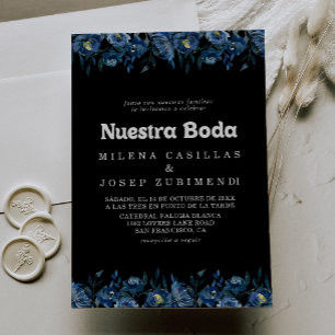 Royal Navy Blue Floral Nuestra Boda Wedding Invitation