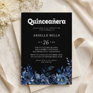 Royal Navy Blue Floral Quinceañera Invitation