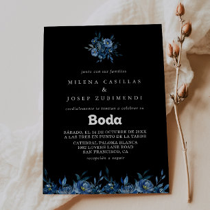 Royal Navy Blue Floral Spanish Wedding Invitation