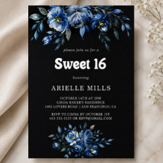 Royal Navy Blue Floral Sweet 16 Birthday Party Invitation