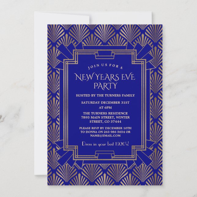 Royal Navy Blue Gold Great Gatsby New Year Party Invitation (Front)