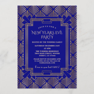Royal Navy Blue Gold Great Gatsby New Year Party Invitation