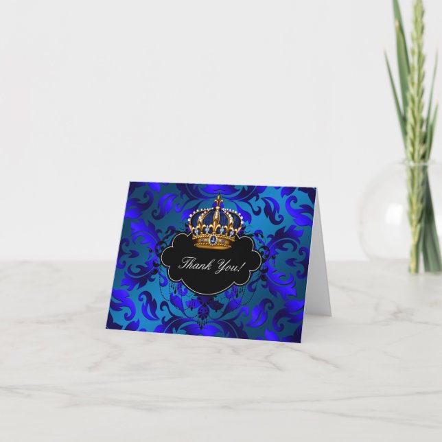 Royal Navy Blue Gold Prince Crown Thank You Cards (Front)