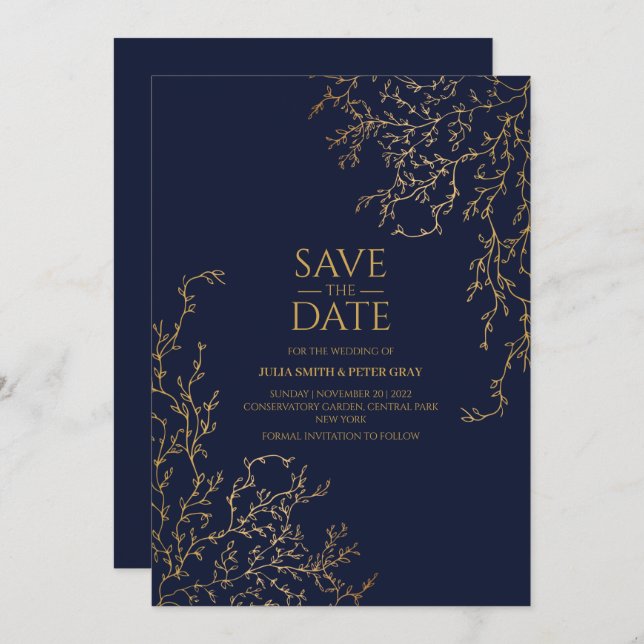 Royal Navy-Blue & Gold Save The Date Wedding Invitation (Front/Back)