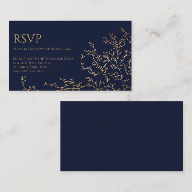 Royal Navy-Blue & Gold Wedding Carte Rsvp (Devant / Derrière)
