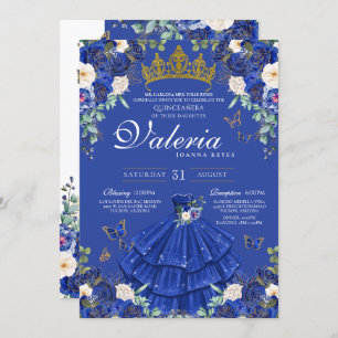 Royal Navy Blue Rose Butterfly Princess Birthday Invitation