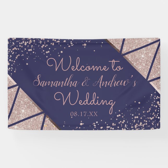 Royal Navy Blue Rose Gold Confetti Glitter Wedding Banner (Horizontal)