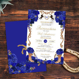 Royal Navy Blue Rose Western Charro Quinceañera Invitation