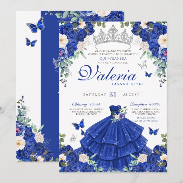 Royal Navy Blue Silver Butterfly Princess Birthday Invitation (Front/Back)