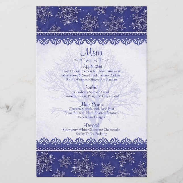 Royal Navy Blue Snowflake Winter Wedding Menu Card (Front)