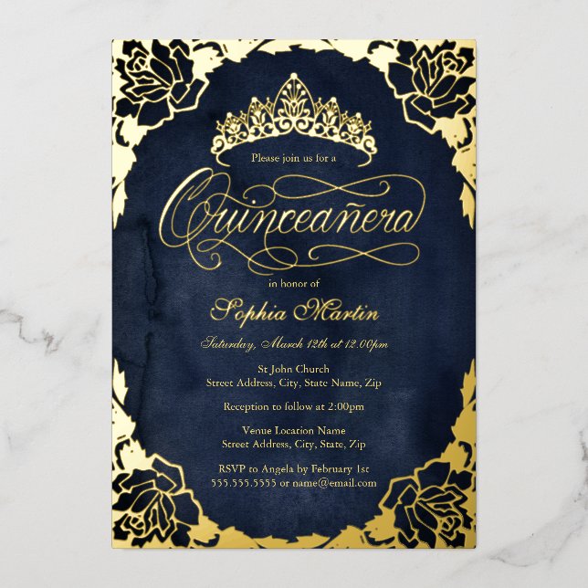 Royal Navy Gold Elegant Rose Script Quinceanera  (Front)