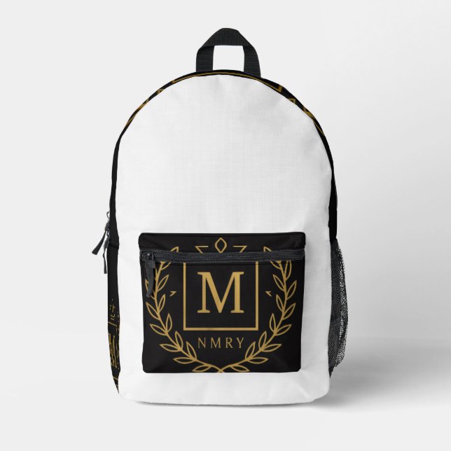 "Royal NMKY Emblem – Monogram M Crest Design" Printed Backpack (Front)