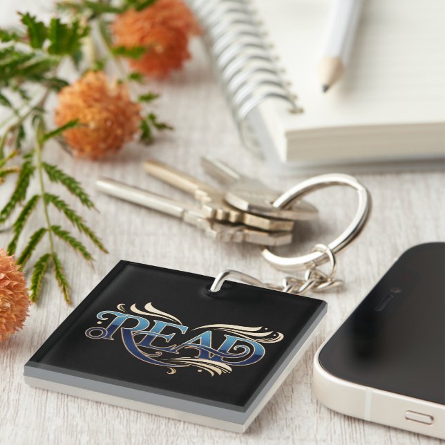 Royal Ornate Blue & Gold "READ" Masterpiece Keychain (Front Right)