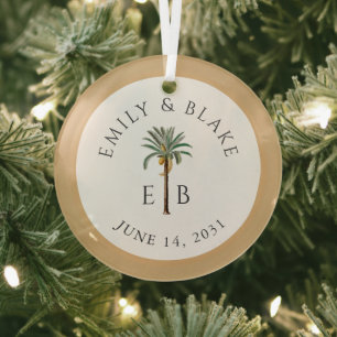 Royal Palm Logo Elegant Tropical Monogram Wedding Glass Ornament