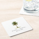 Royal Palm Tree Tropical Wedding Square Paper Coaster<br><div class="desc">Royal palm trees line many beautiful streets in coastal cities and tropical locales. Symbolizing elegance and tropical splendour,  this custom personalized wedding drink coaster features a watercolor royal palm with a text template for including the bride and groom's names and wedding date.</div>