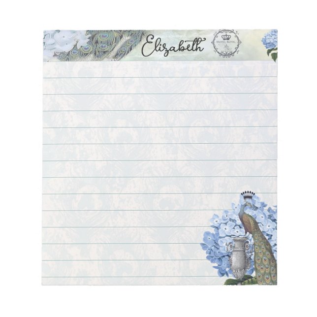 Royal peacock and hydrangea personalized notepad (Front)
