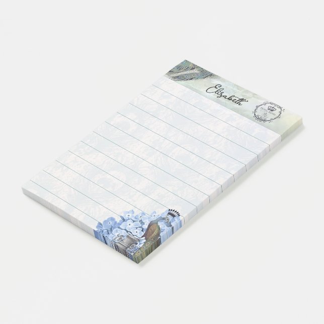 Royal peacock and hydrangea personalized post-it notes (Angled)