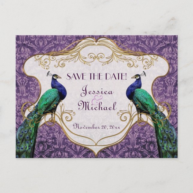 Royal Peacock (Purple) Save the Date Postcard (Front)