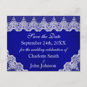 Royal Personalised Blue Cobalt Lace Save the Date Announcement Postcard