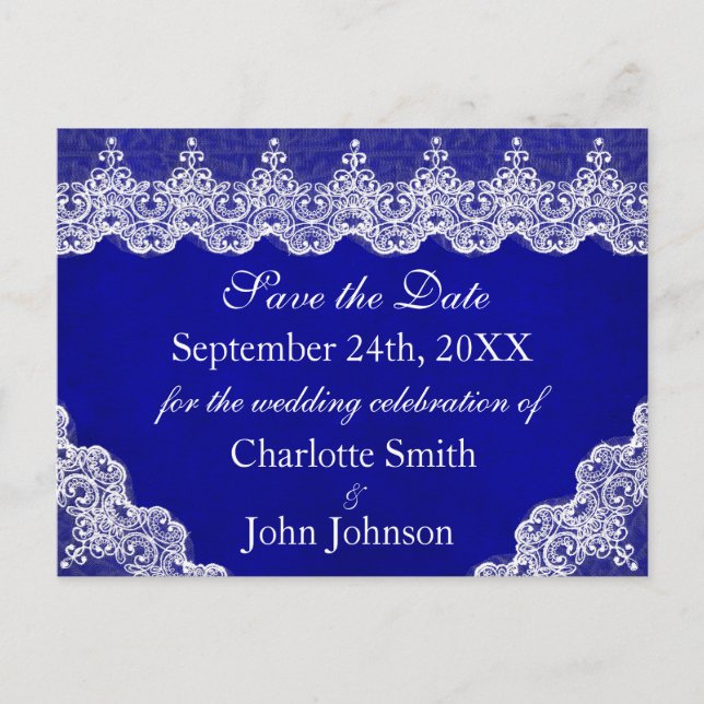 Royal Personalized Blue Cobalt Lace Save the Date Announcement Postcard (Front)
