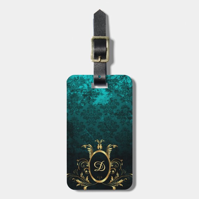Royal Personalized Damask Turquoise Luggage Tag (Front Vertical)