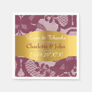 Royal Personalized Golden Burgundy Lace Wedding Napkin