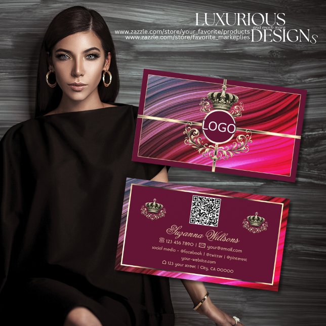 Royal Pink Burgundy Gold Crown with Logo QR Code Business Card (Creator Uploaded)